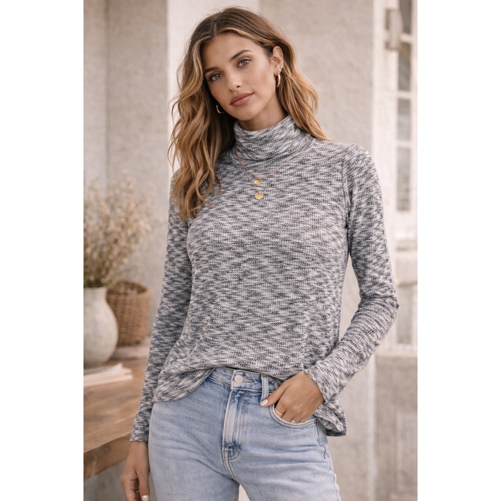 LOFT Womens Grey Space Dye‎ Ribbed Turtleneck Puff Shoulder Long Sleeve Top S